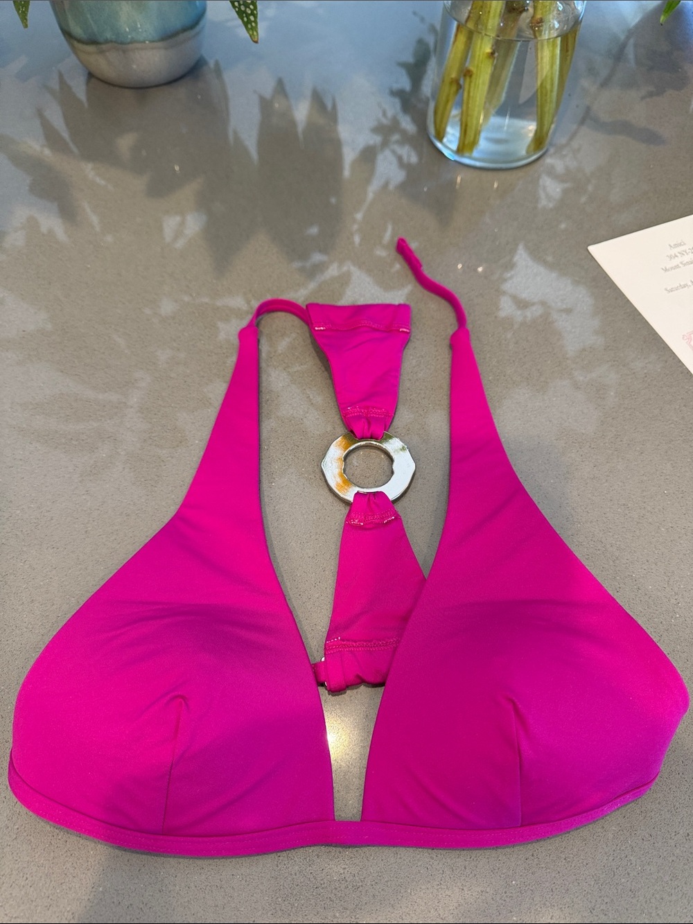 Victoria's Secret Fuchsia Halter Bikini Top with Gold Ring